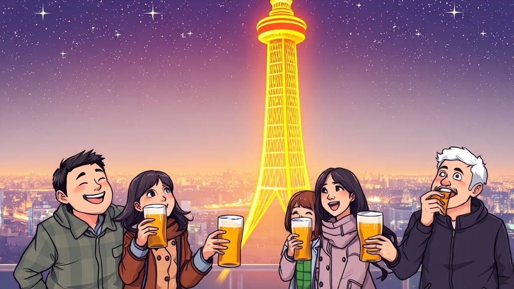 사카에 미라이 타워 야경과 나고야 밤문화 (cartoon 스타일)
