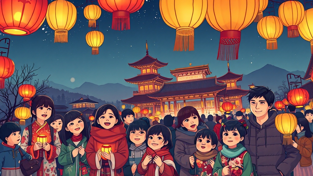 가족과 함께 즐기는 연등행사 (illustration 스타일)