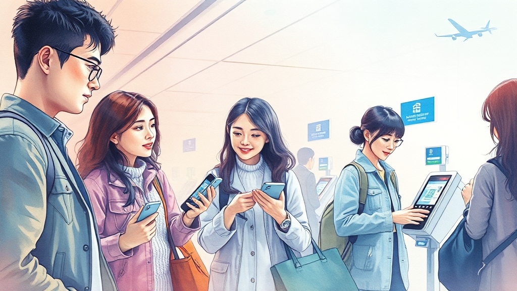 공항 도착 후 QR 코드 활용 (watercolor 스타일)