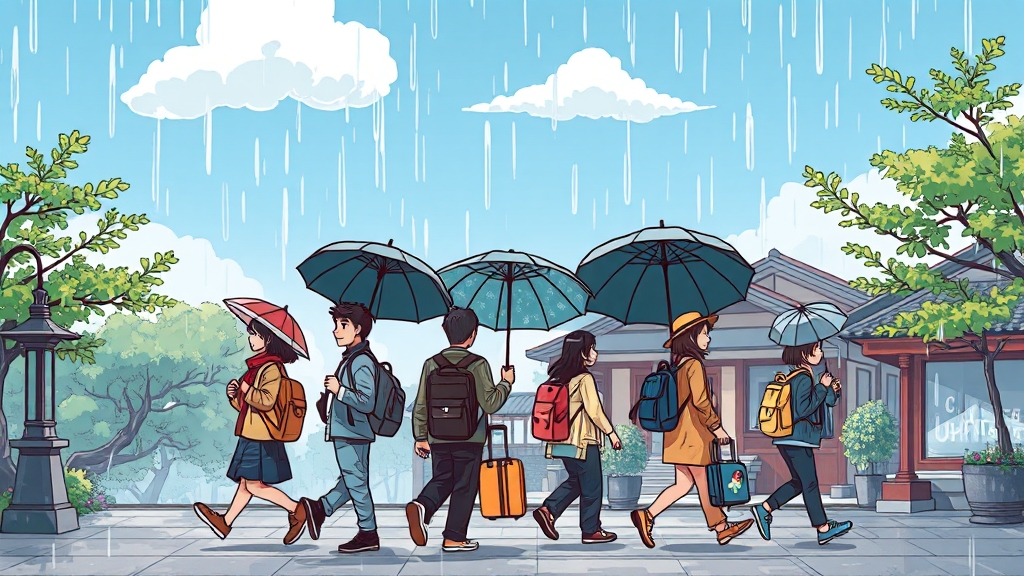 장마철 일본 여행 시 주의사항 (cartoon 스타일)