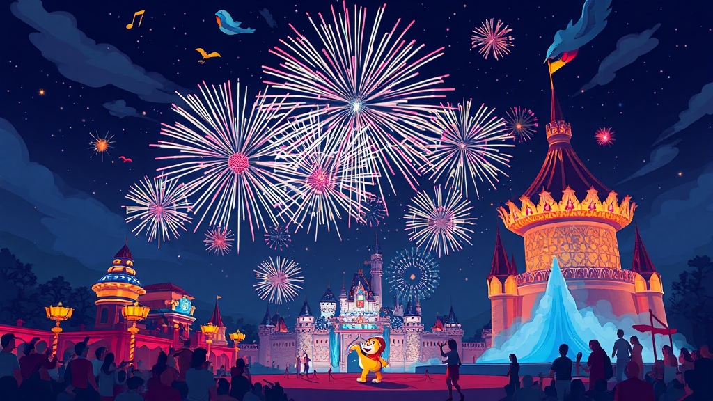 화려한 공연과 불꽃놀이 (cartoon 스타일)